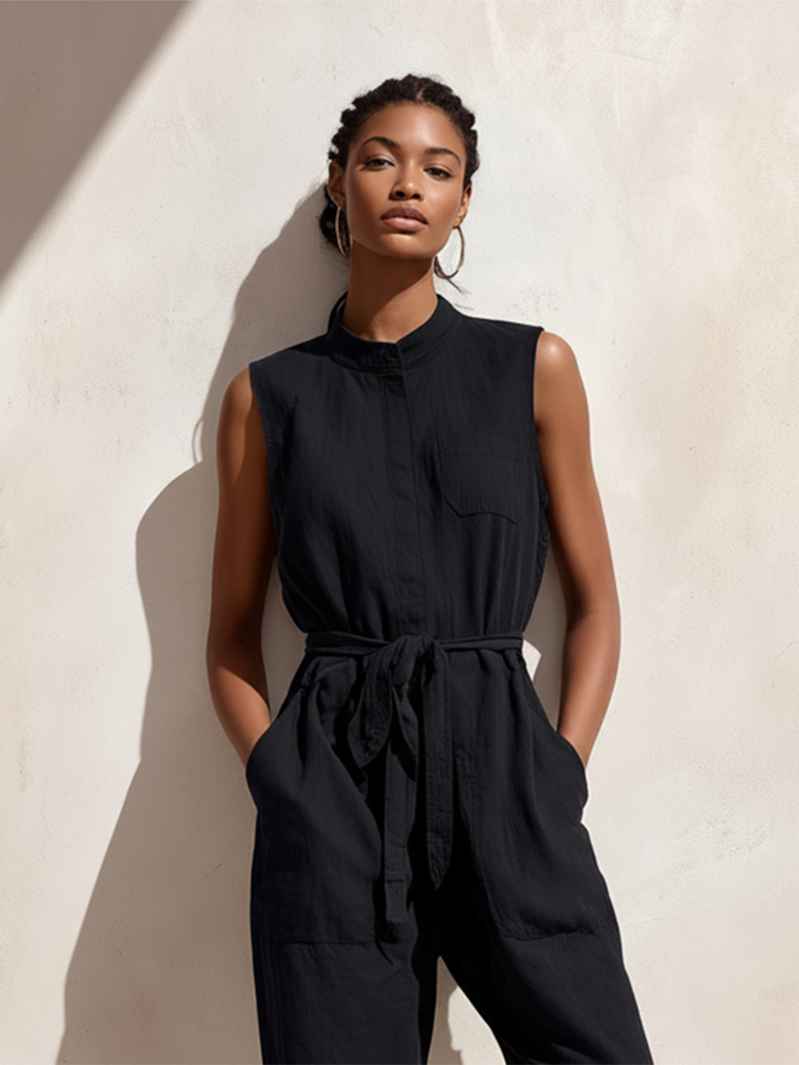 Women's Minimalist Retro Commuter Style Black Cotton-Linen Jumpsuit — Stand Collar, Sleeveless, Cropped Pants