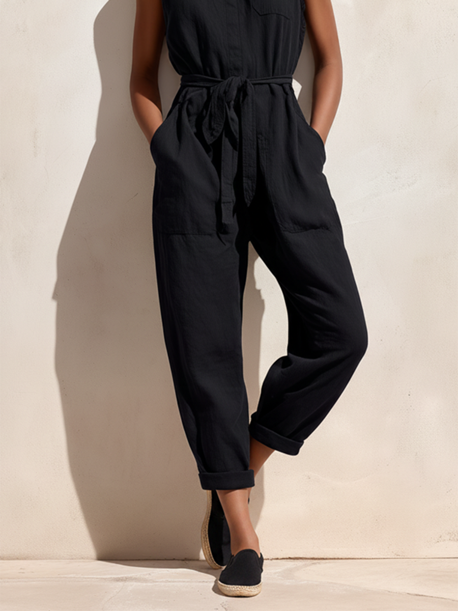 Women's Minimalist Retro Commuter Style Black Cotton-Linen Jumpsuit — Stand Collar, Sleeveless, Cropped Pants
