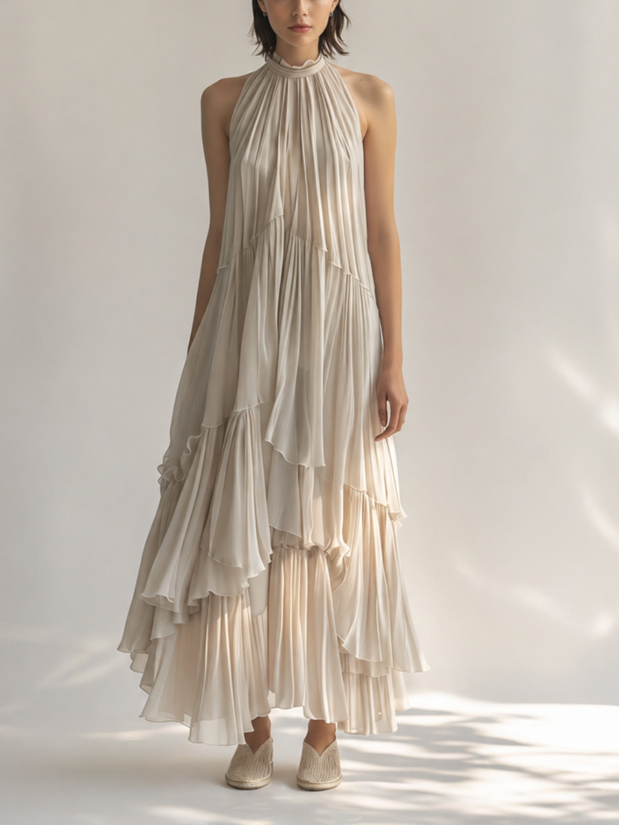 Women's Elegant & Minimalist Off-White Sleeveless Chiffon Maxi Dress — Ruffled Collar & Tiered Pleats