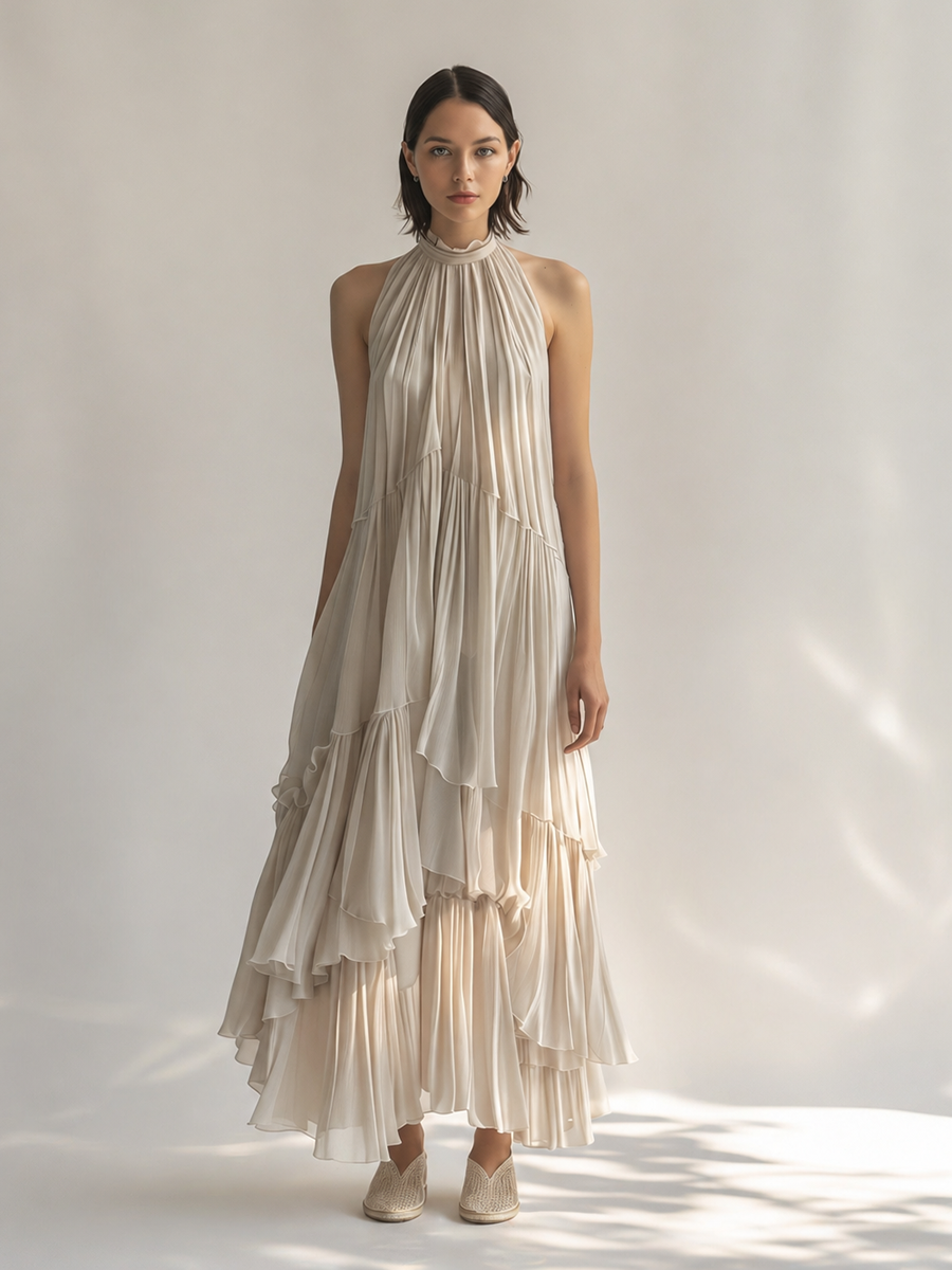 Women's Elegant & Minimalist Off-White Sleeveless Chiffon Maxi Dress — Ruffled Collar & Tiered Pleats