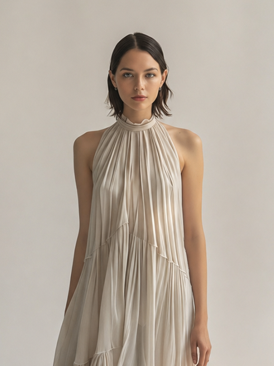 Women's Elegant & Minimalist Off-White Sleeveless Chiffon Maxi Dress — Ruffled Collar & Tiered Pleats