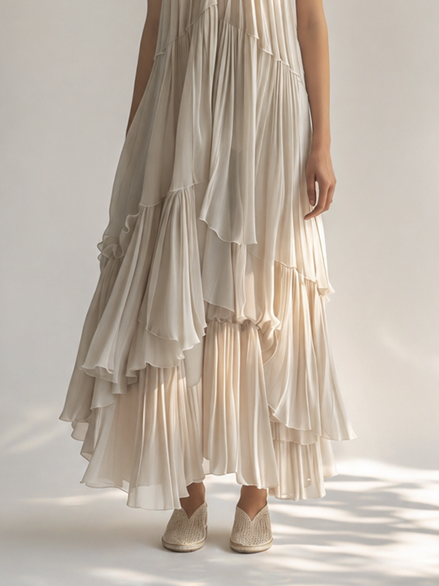 Women's Elegant & Minimalist Off-White Sleeveless Chiffon Maxi Dress — Ruffled Collar & Tiered Pleats