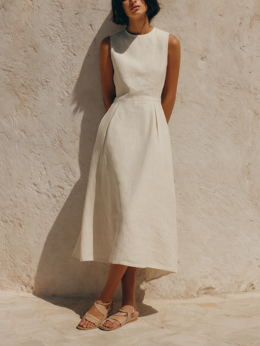 Women's Minimalist White Sleeveless A-Line Cotton-Linen Midi Dress