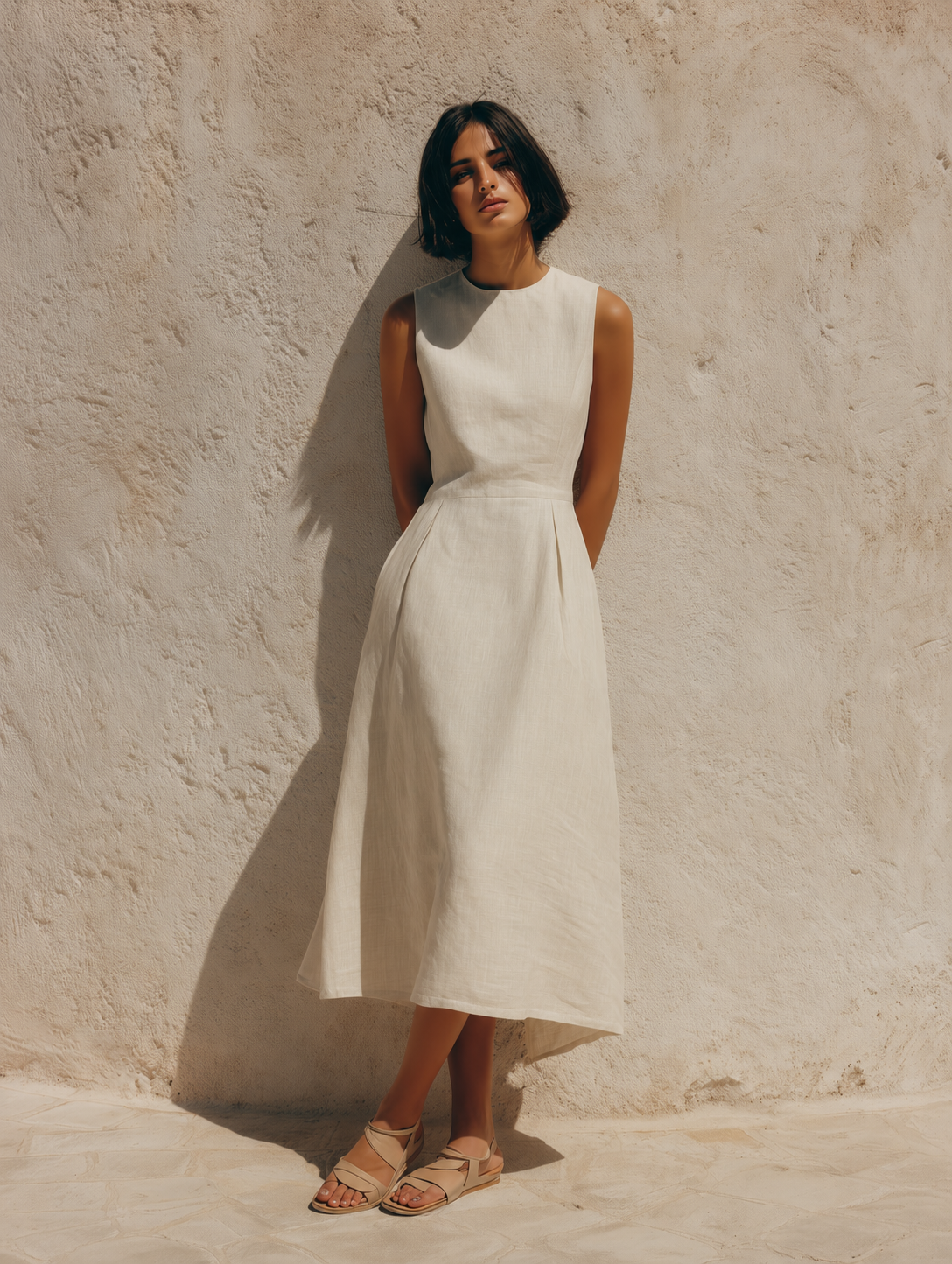 Women's Minimalist White Sleeveless A-Line Cotton-Linen Midi Dress