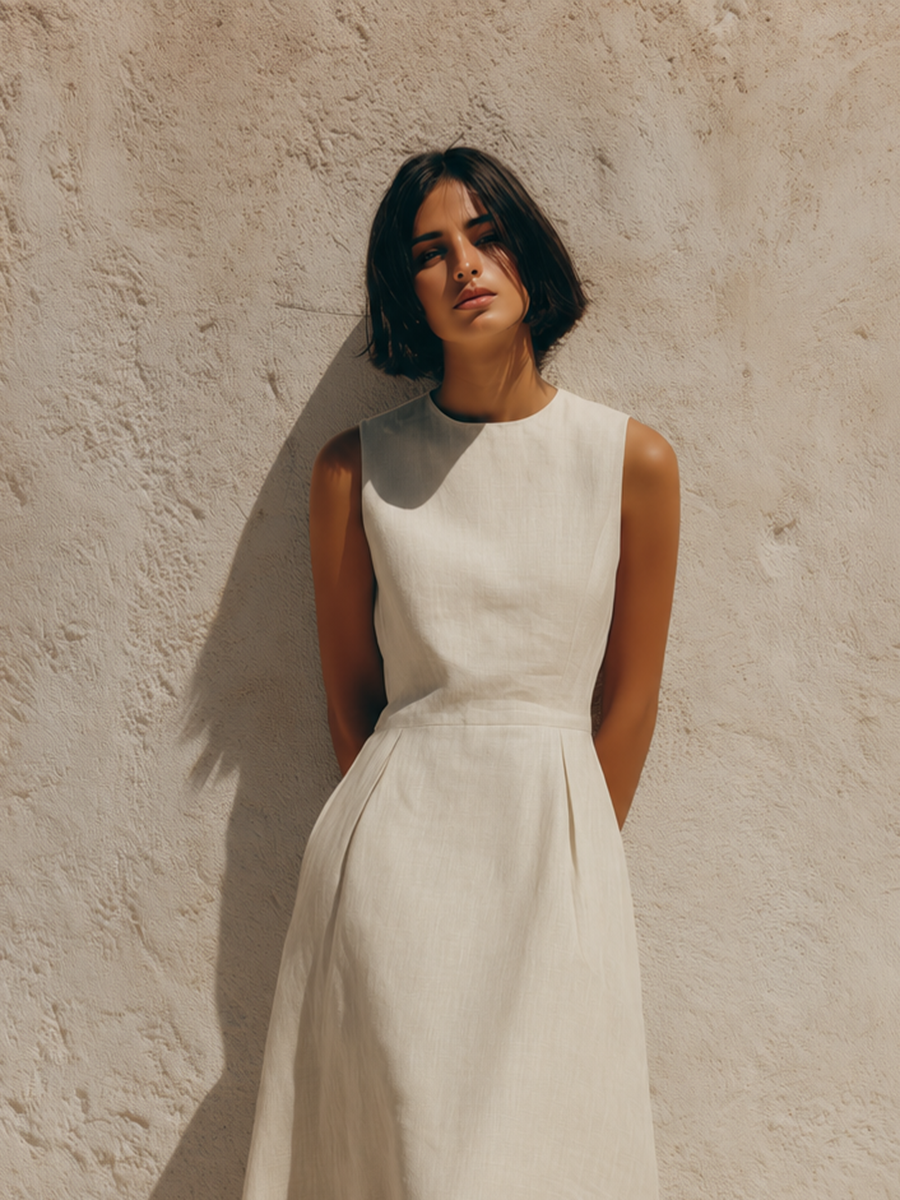 Women's Minimalist White Sleeveless A-Line Cotton-Linen Midi Dress