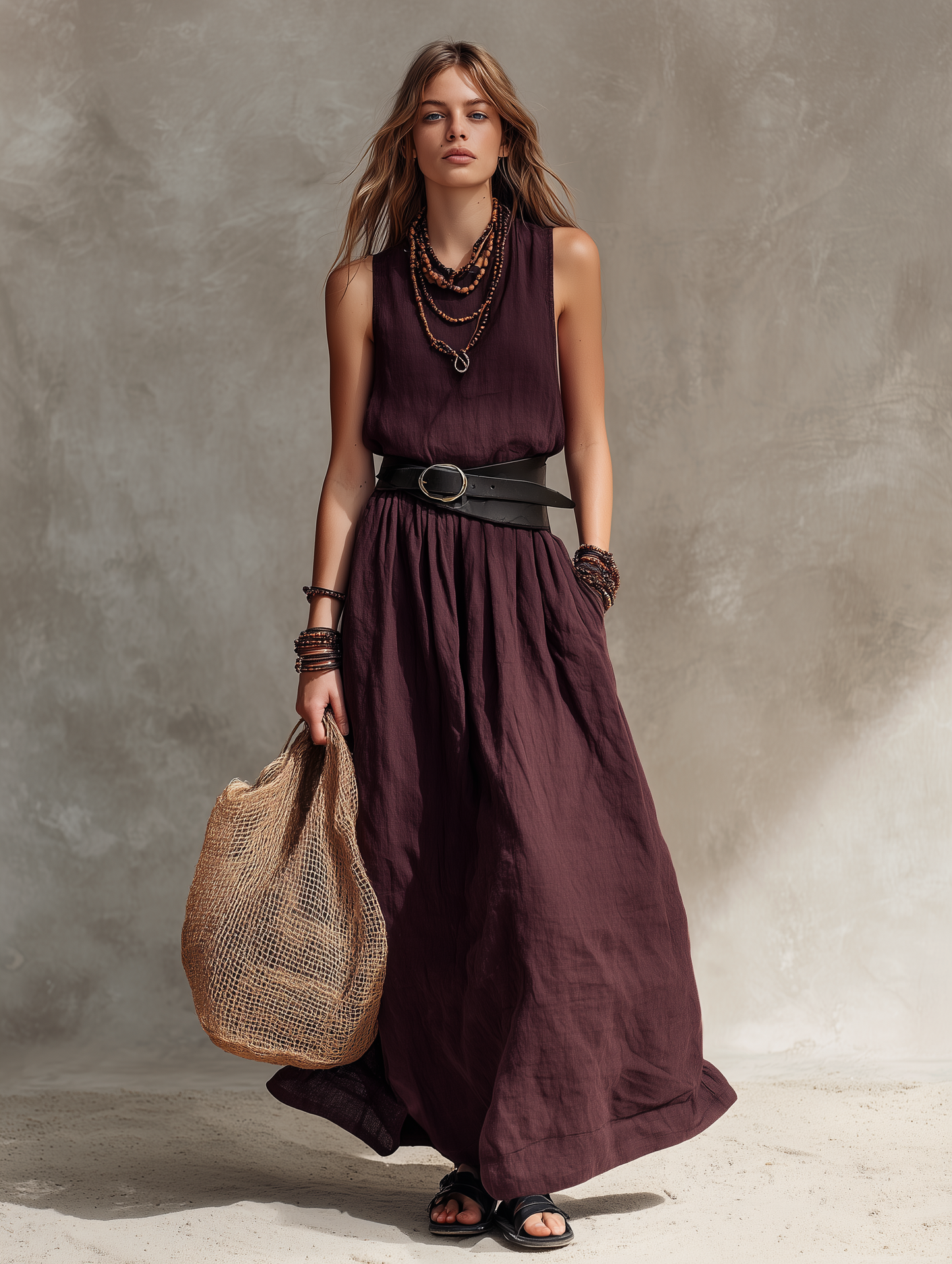 Women's Casual Magenta Cotton-Linen Sleeveless Maxi Dress With Round Neck (Belt Not Included)