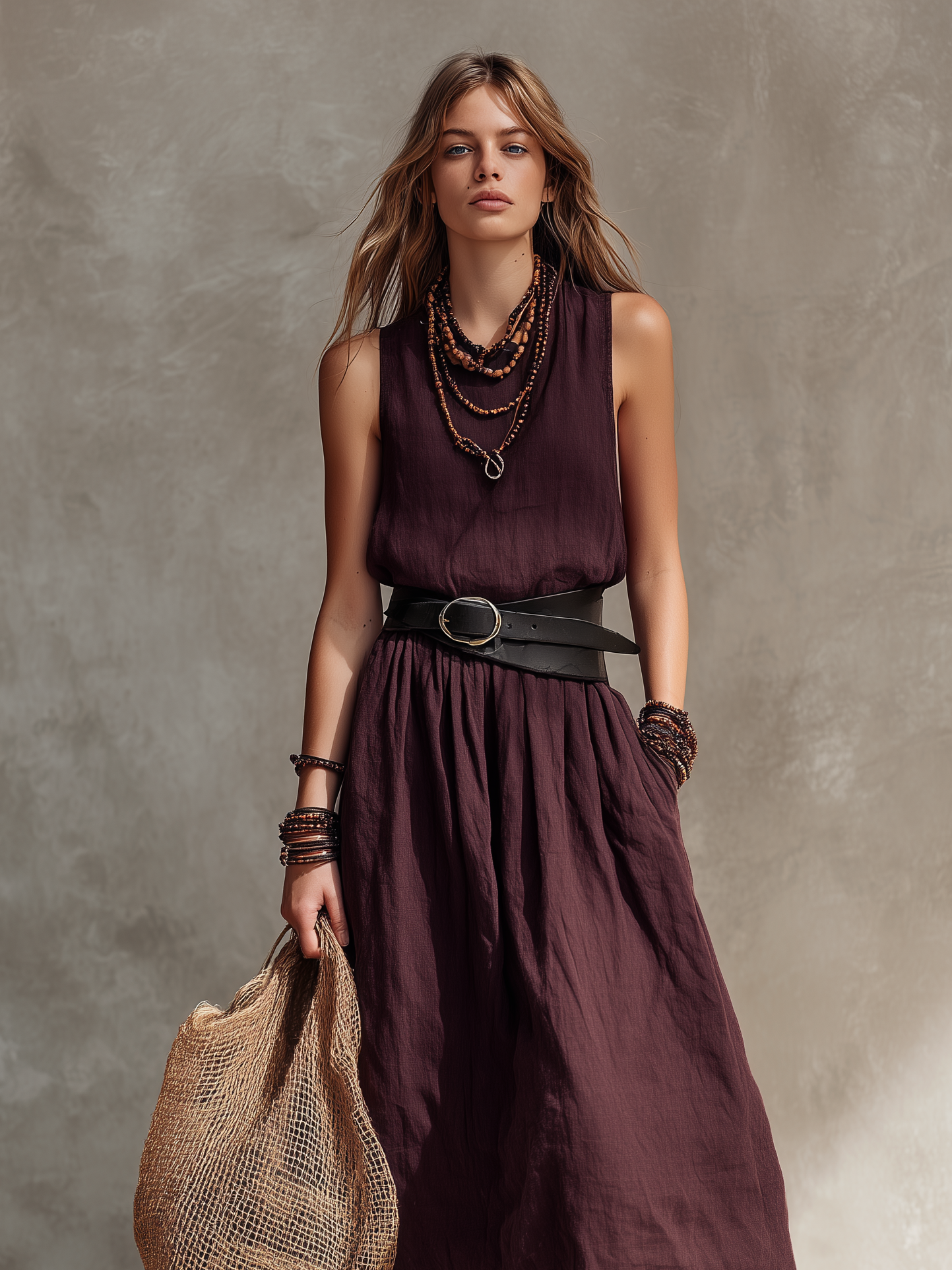 Women's Casual Magenta Cotton-Linen Sleeveless Maxi Dress With Round Neck (Belt Not Included)