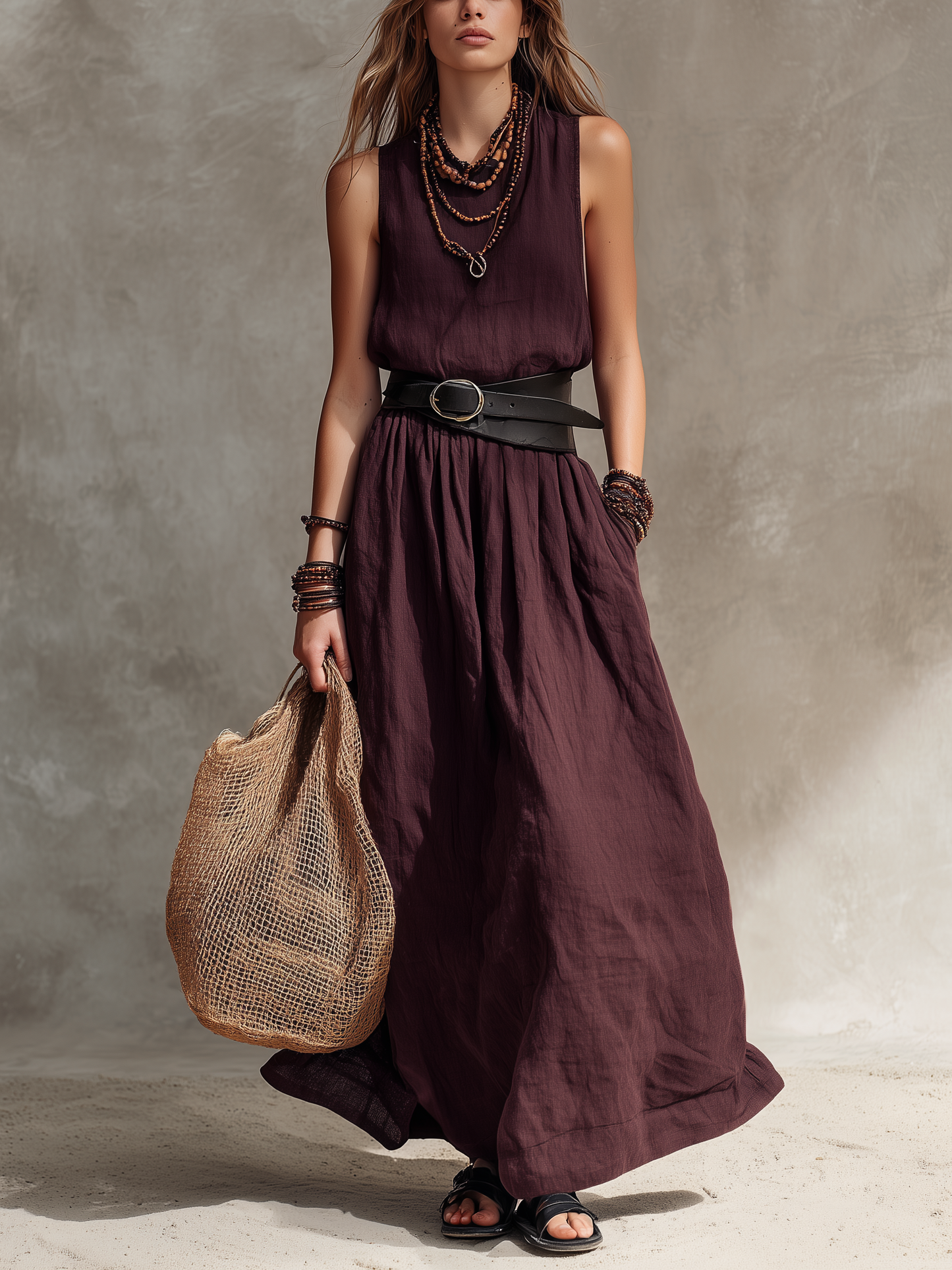 Women's Casual Magenta Cotton-Linen Sleeveless Maxi Dress With Round Neck (Belt Not Included)
