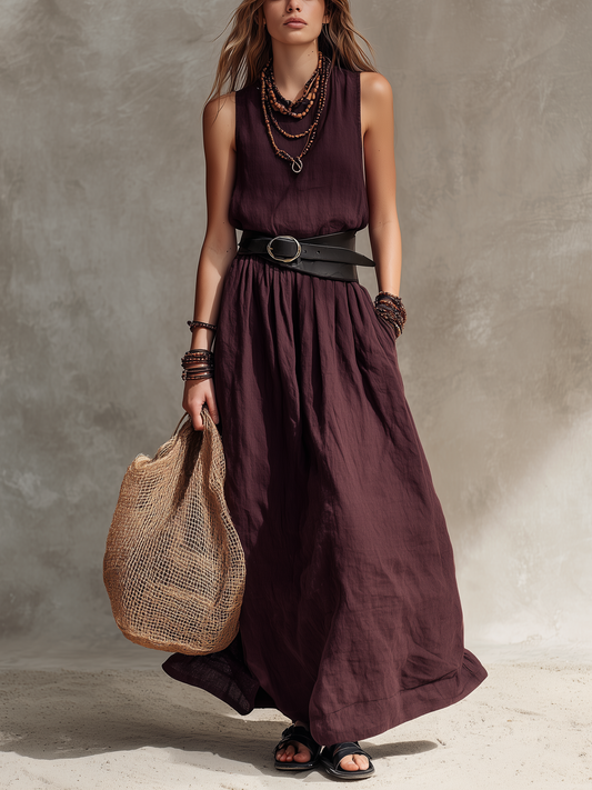Women's Casual Magenta Cotton-Linen Sleeveless Maxi Dress With Round Neck (Belt Not Included)