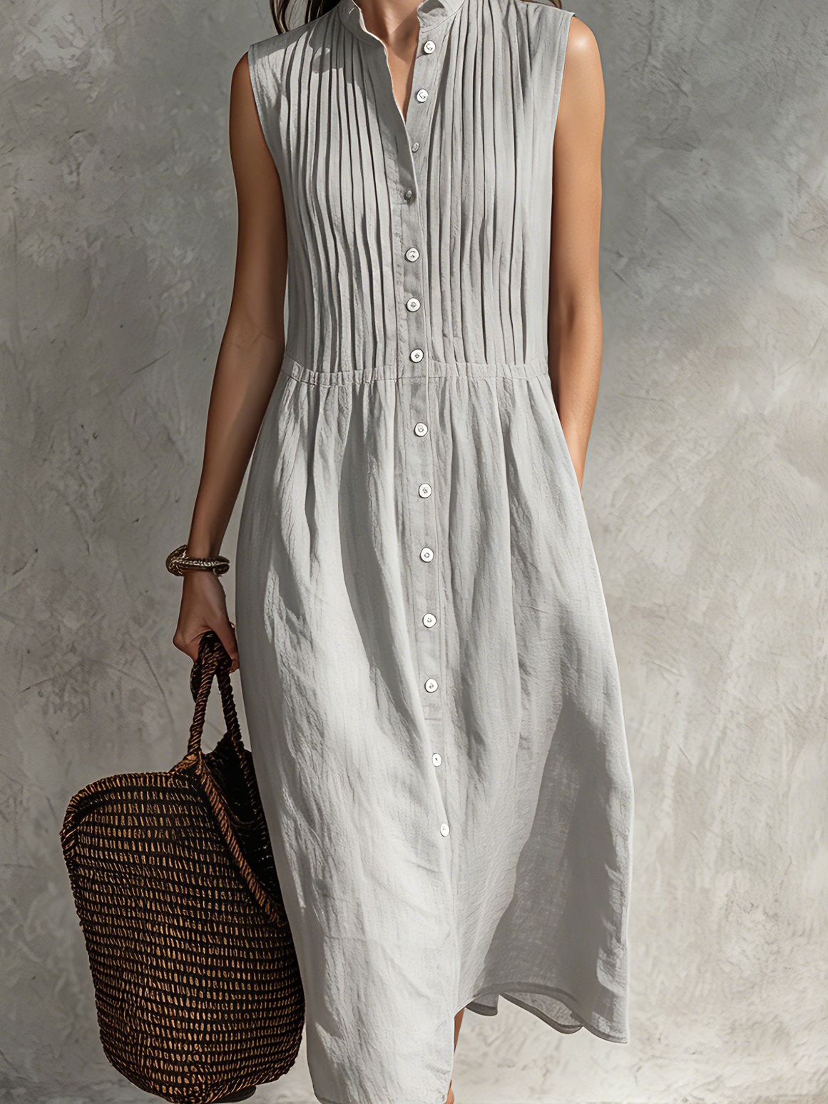 Women's Casual Grey Cotton-Linen Sleeveless Midi Dress With Round Neck