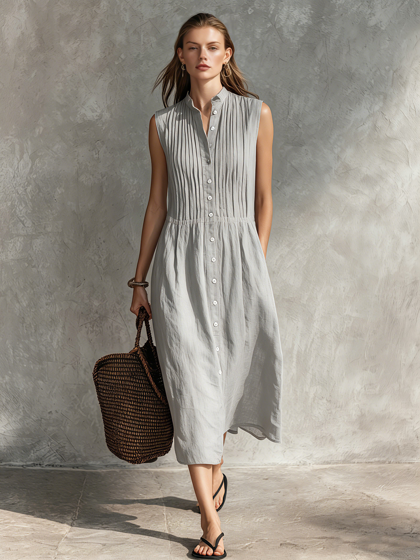 Women's Casual Grey Cotton-Linen Sleeveless Midi Dress With Round Neck