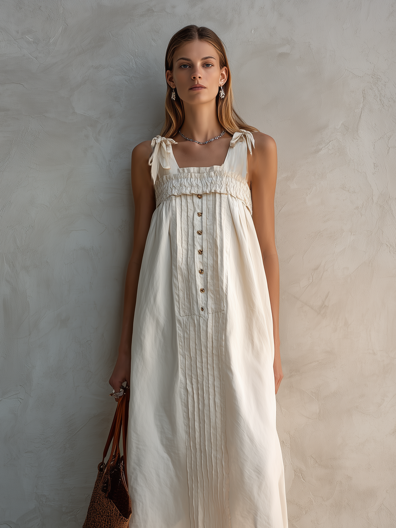 Women's Casual White Cotton-Linen Square-Neck Sleeveless Straight-Cut Midi Dress