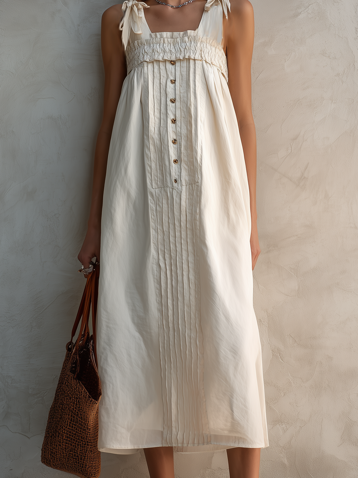 Women's Casual White Cotton-Linen Square-Neck Sleeveless Straight-Cut Midi Dress