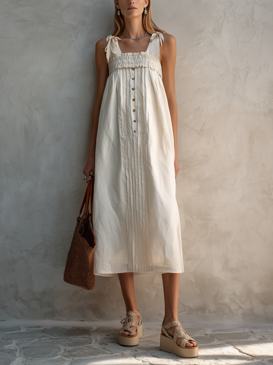 Women's Casual White Cotton-Linen Square-Neck Sleeveless Straight-Cut Midi Dress