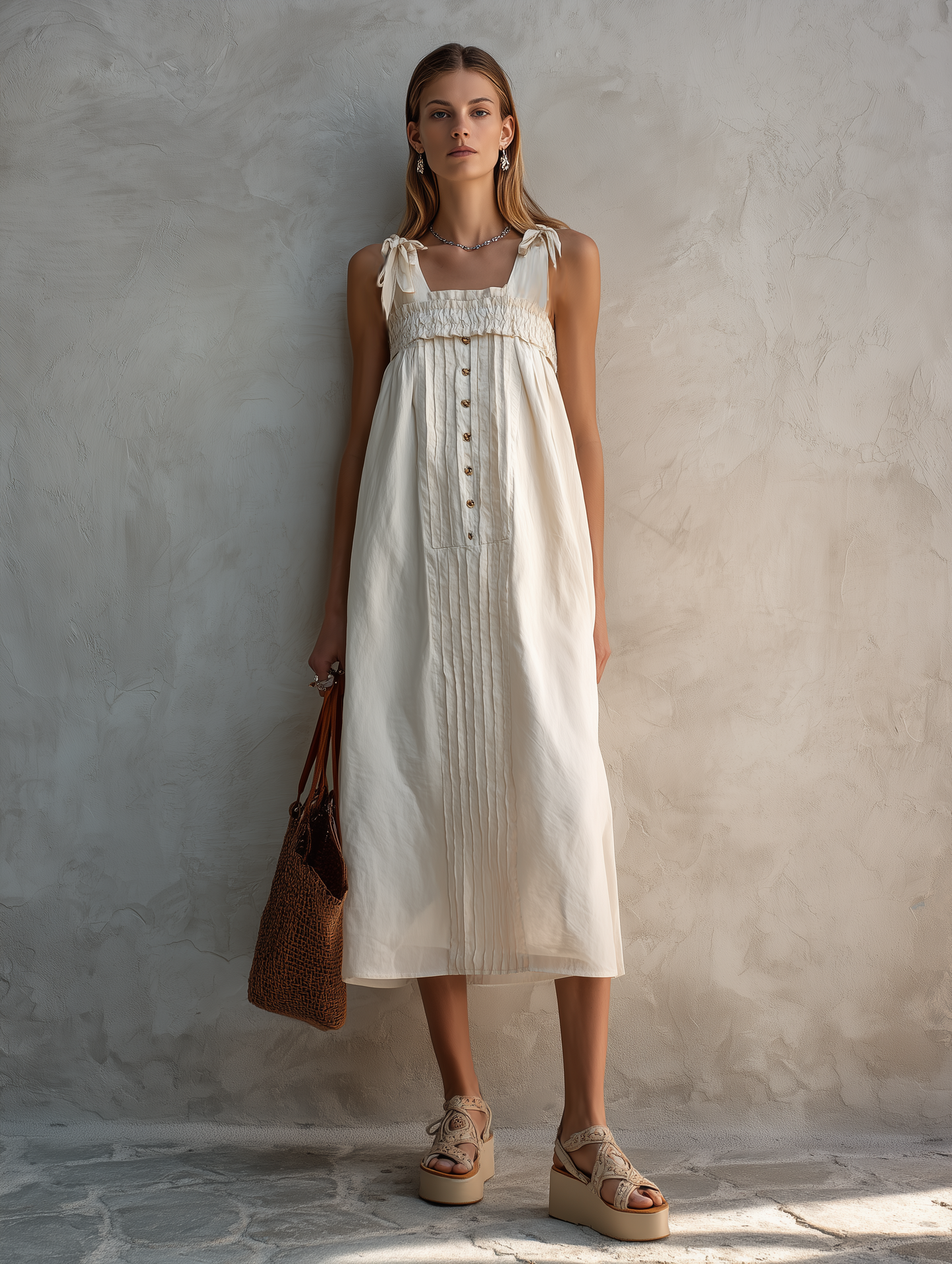 Women's Casual White Cotton-Linen Square-Neck Sleeveless Straight-Cut Midi Dress