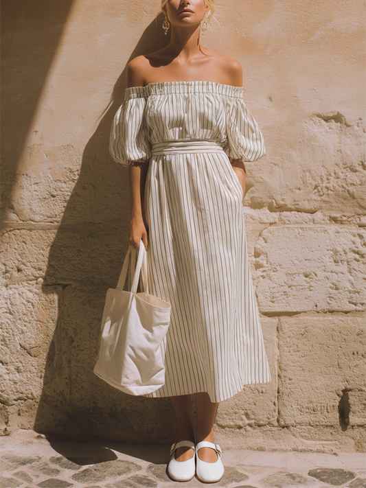 Women's Casual Retro-Elegant Striped Off-Shoulder Short-Sleeve Midi Dress