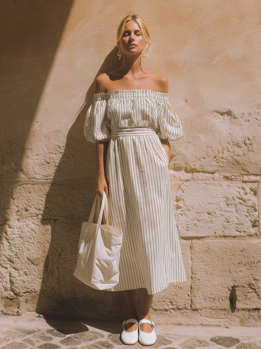 Women's Casual Retro-Elegant Striped Off-Shoulder Short-Sleeve Midi Dress