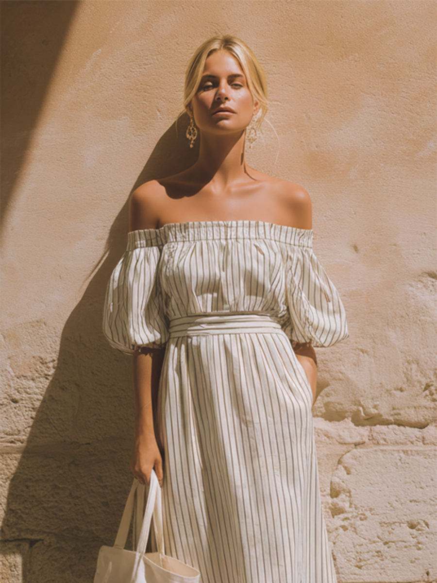 Women's Casual Retro-Elegant Striped Off-Shoulder Short-Sleeve Midi Dress