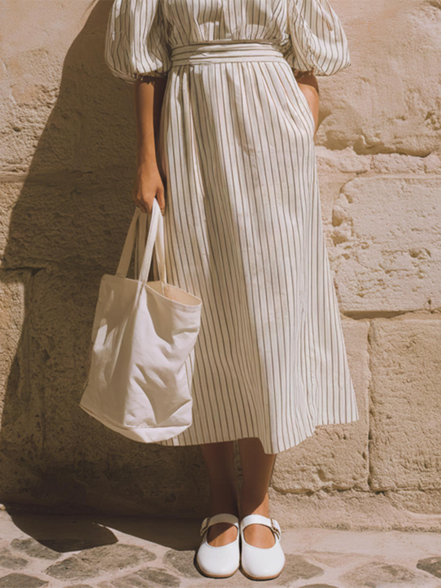 Women's Casual Retro-Elegant Striped Off-Shoulder Short-Sleeve Midi Dress