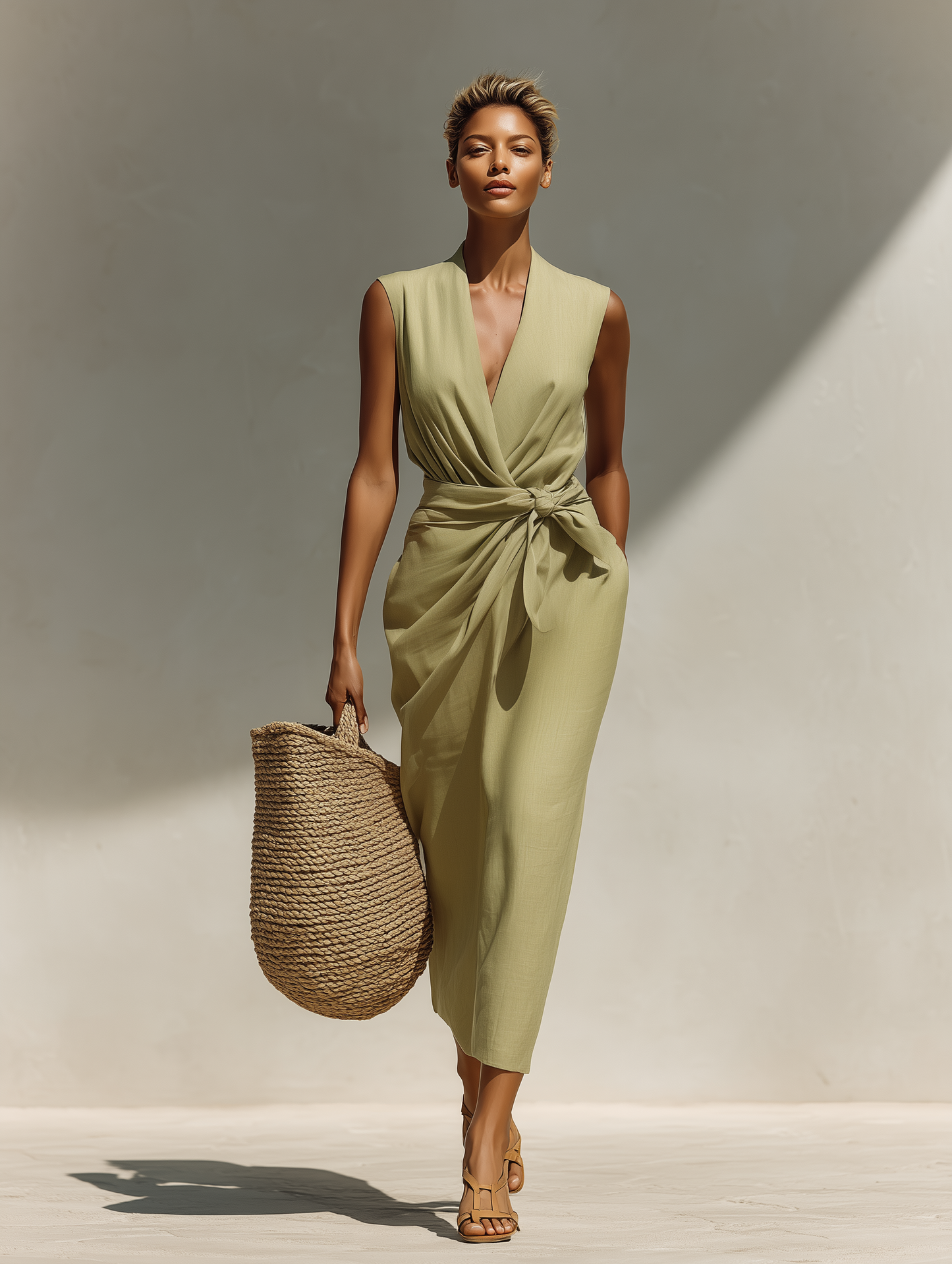 Women’s Sage Green Linen-Blend Sleeveless Wrap-Front Tie Waist Midi Dress With Pockets