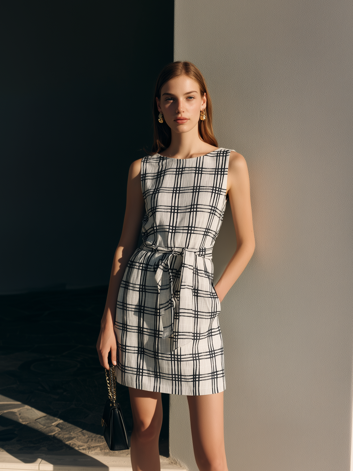 Women's Elegant Black & White Plaid Cotton-Linen Short Dress — Crew Neck, Sleeveless, Loose Fit