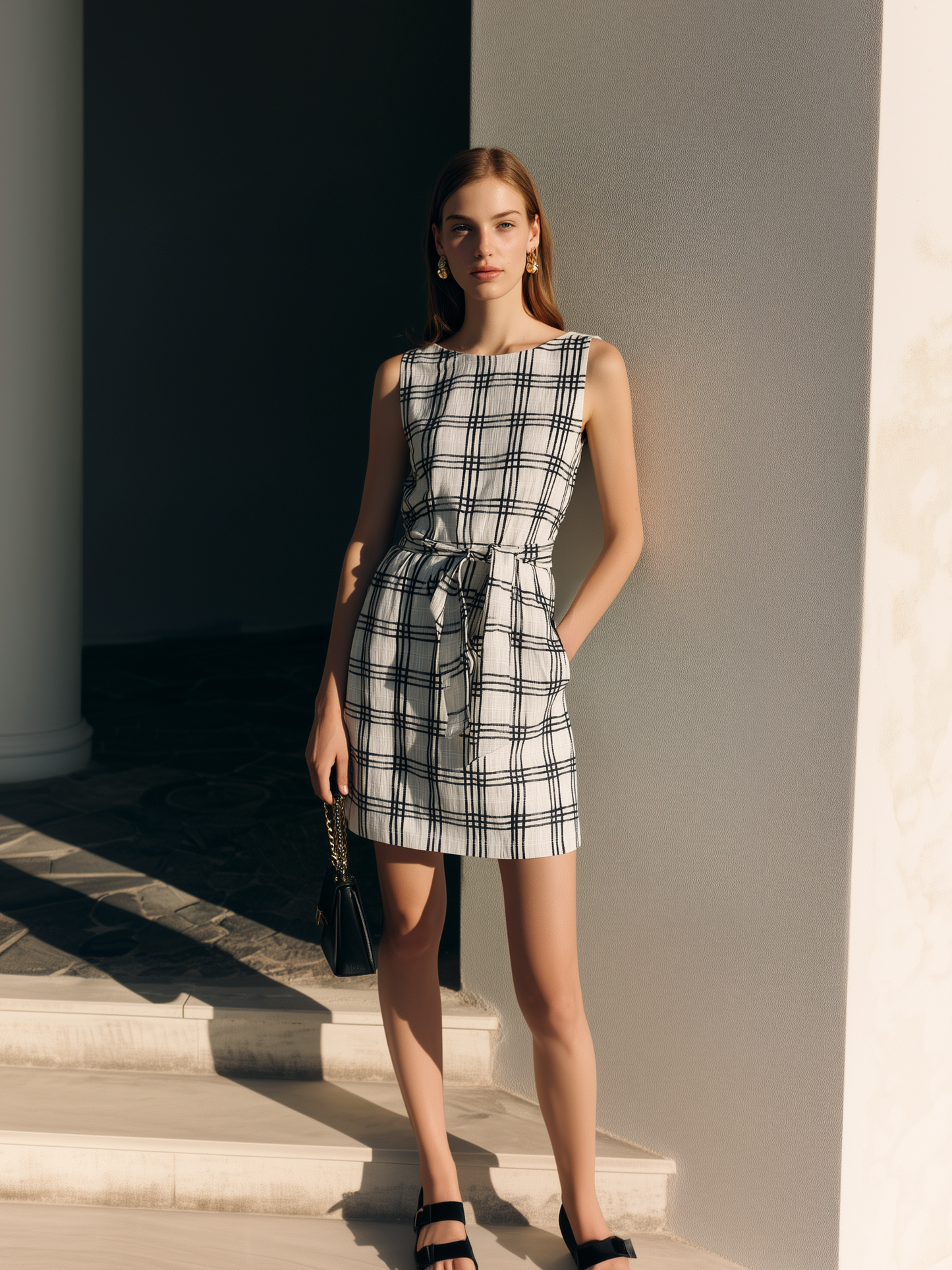 Women's Elegant Black & White Plaid Cotton-Linen Short Dress — Crew Neck, Sleeveless, Loose Fit