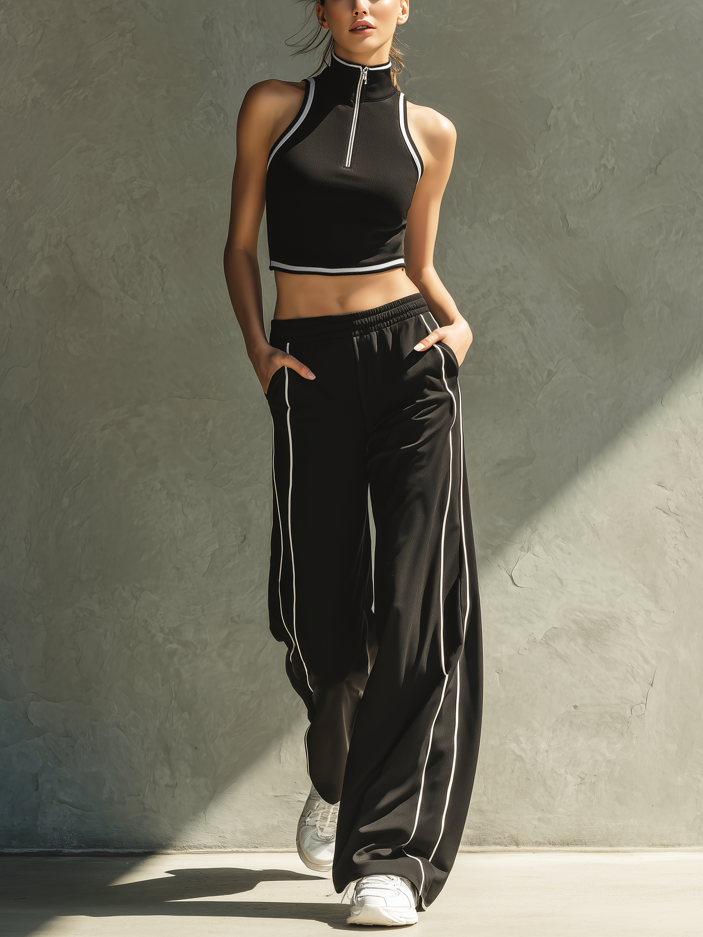 Women's Casual-Sporty Black Crew-Neck Sleeveless Top Paired With Black Trousers