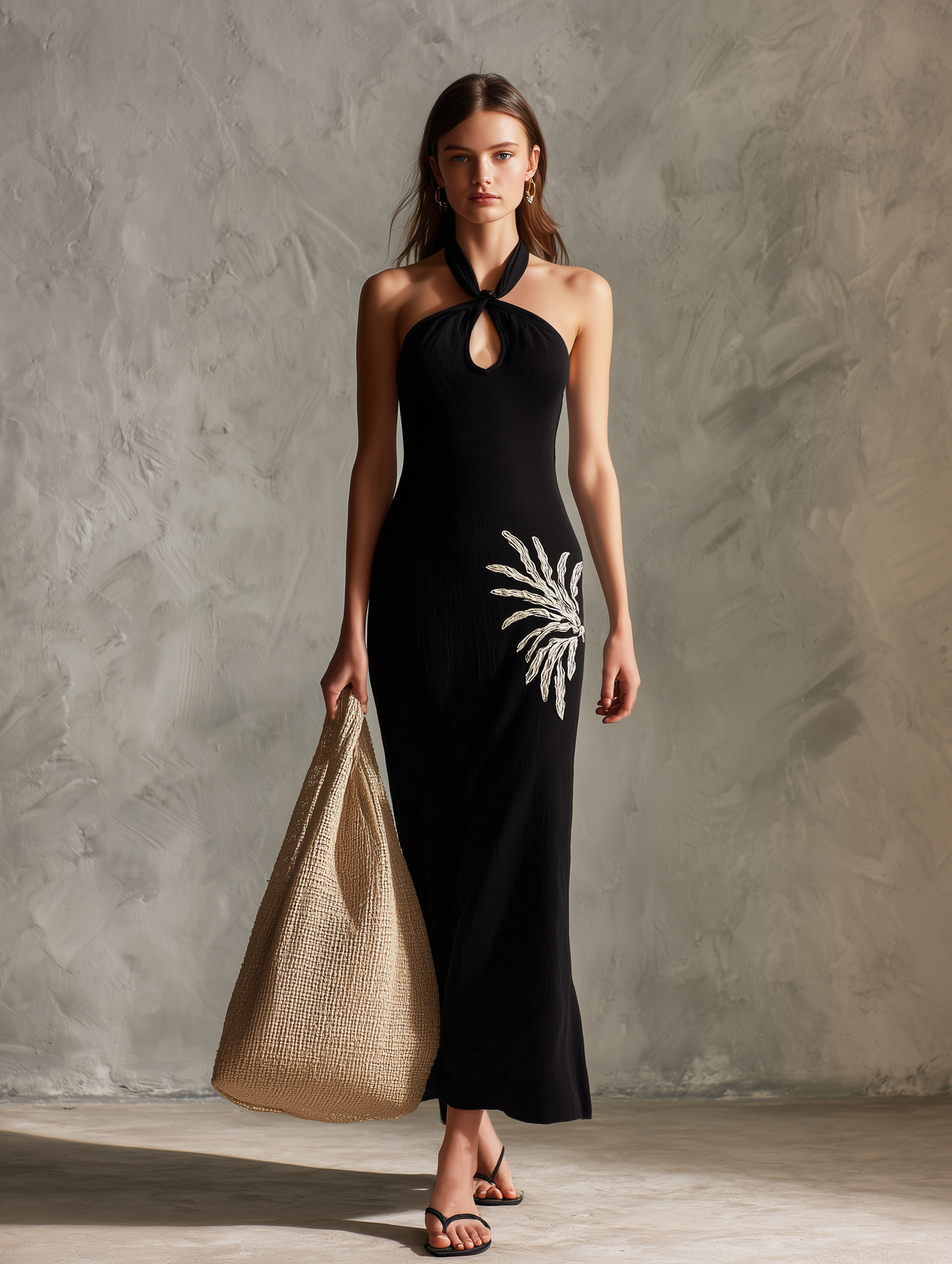 Women's Casual Black Cotton-Linen Halter-Neck Sleeveless Maxi Dress With White Embroidery