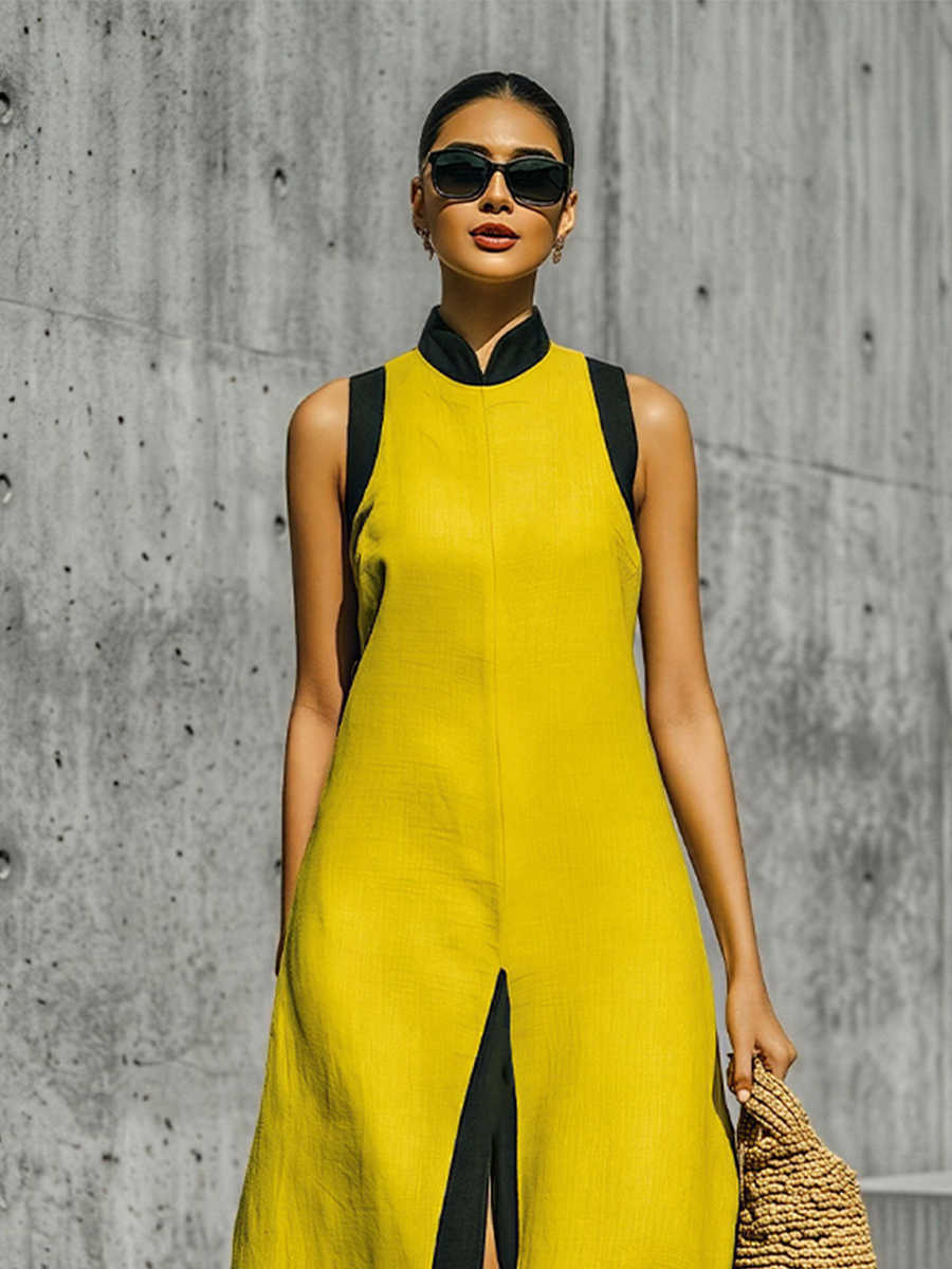 Women's Yellow Linen-Blend Maxi Dress With Contrast Black Trim & High Slit, Women's Citron Linen Dress