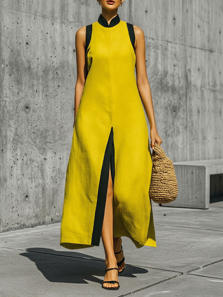 Women's Yellow Linen-Blend Maxi Dress With Contrast Black Trim & High Slit, Women's Citron Linen Dress