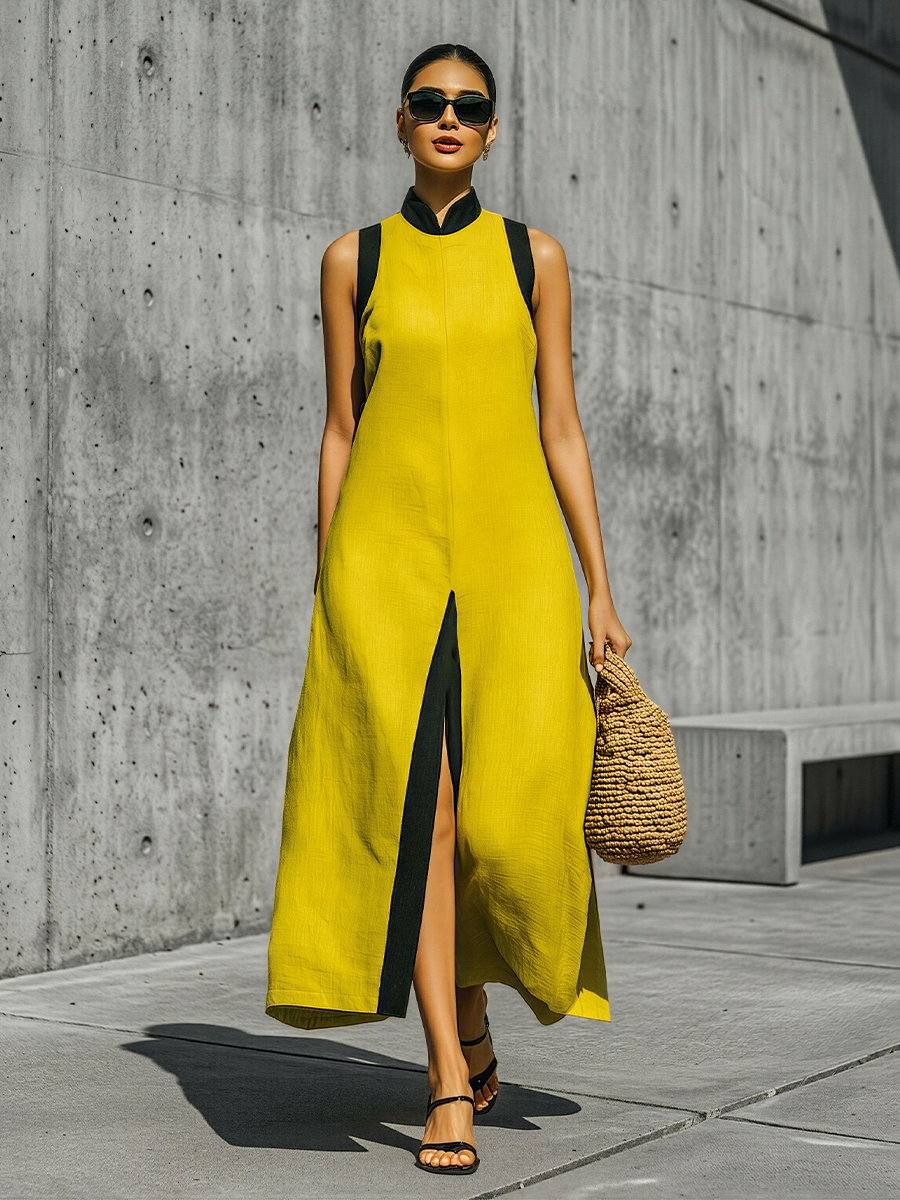 Women's Yellow Linen-Blend Maxi Dress With Contrast Black Trim & High Slit, Women's Citron Linen Dress