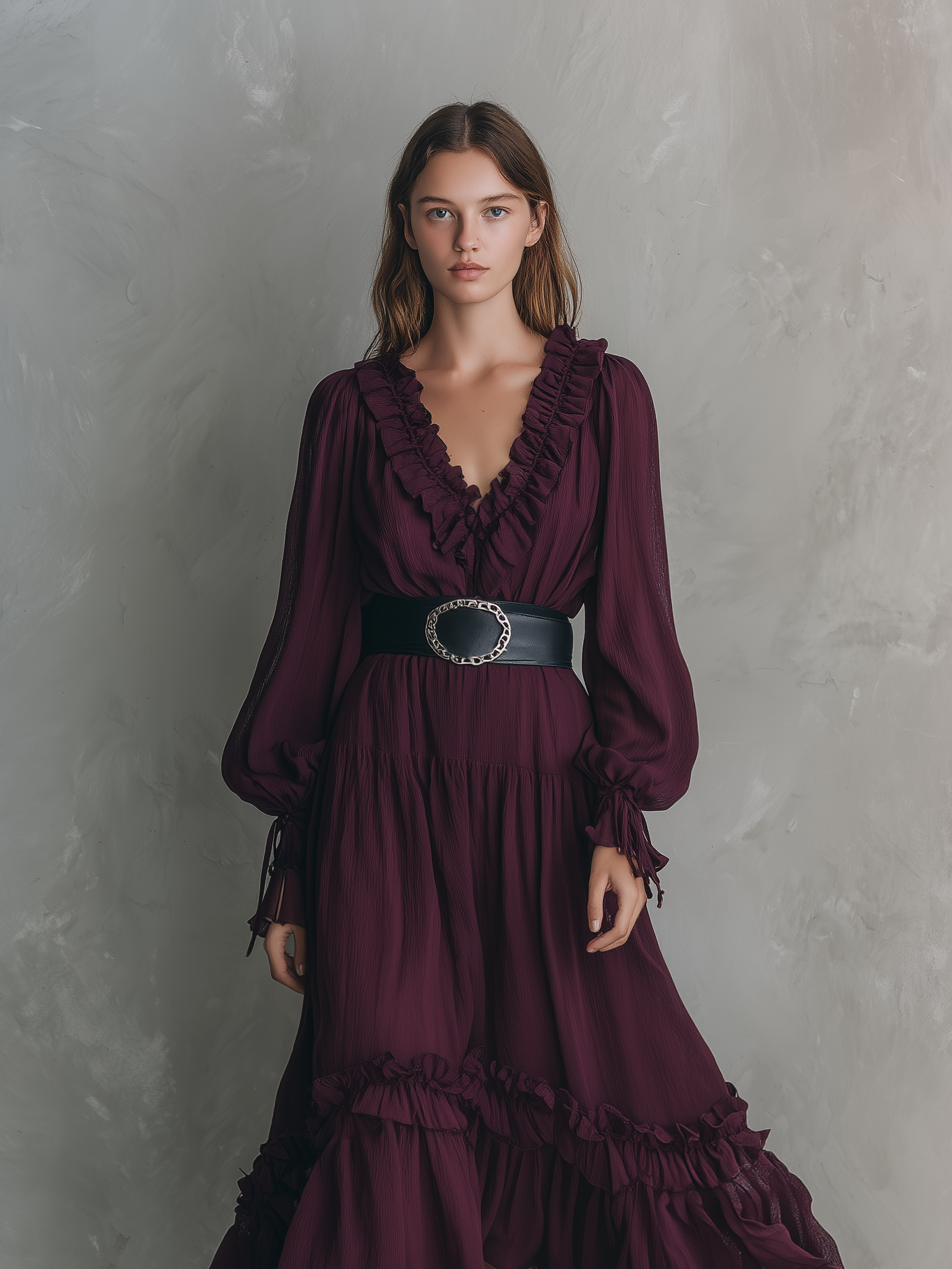 Women's Casual Fuchsia Chiffon V-Neck Long-Sleeve Midi Dress (Belt Not Included)