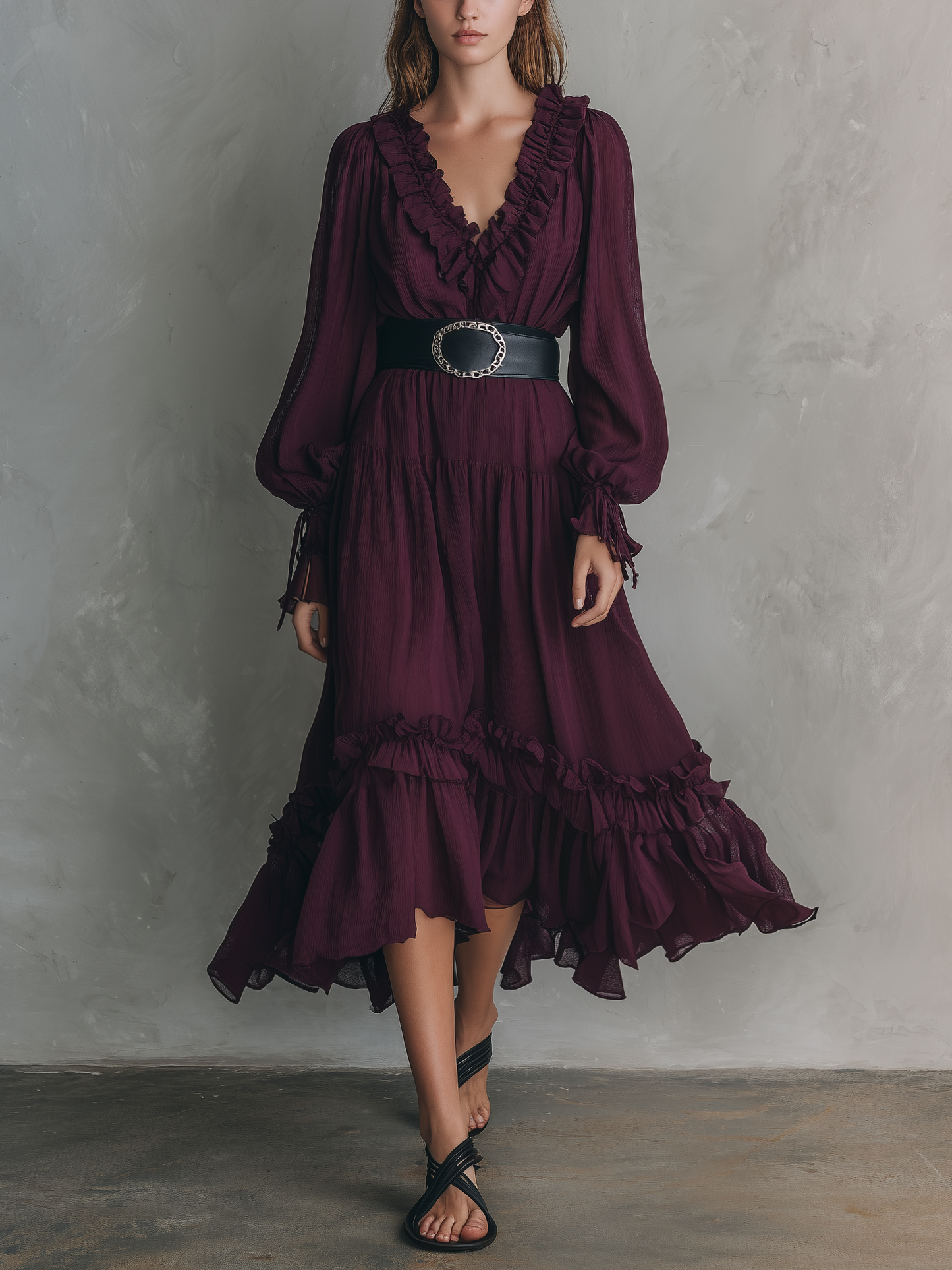 Women's Casual Fuchsia Chiffon V-Neck Long-Sleeve Midi Dress (Belt Not Included)