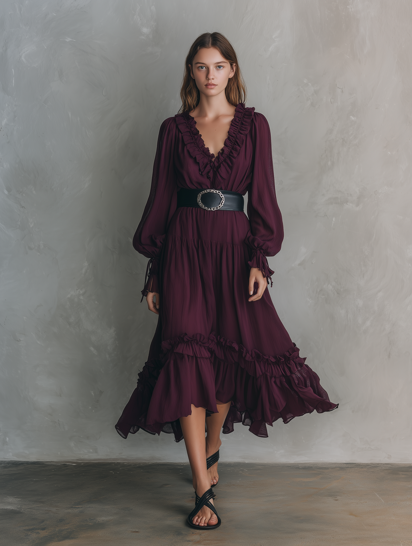 Women's Casual Fuchsia Chiffon V-Neck Long-Sleeve Midi Dress (Belt Not Included)