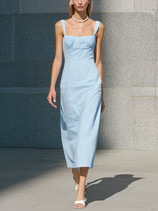 Women's Casual Light Blue Woven Sleeveless Maxi Dress With Spaghetti Straps