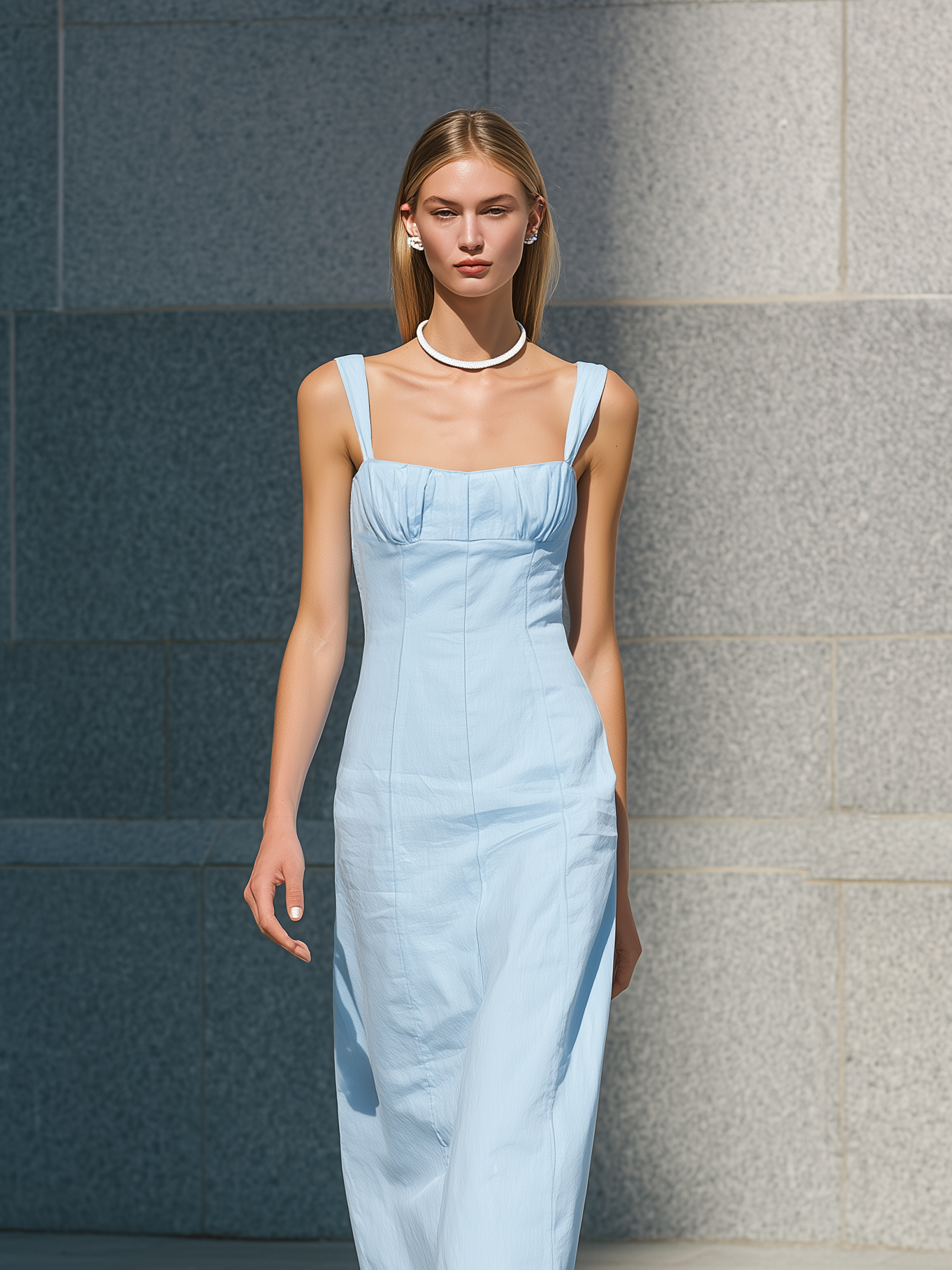 Women's Casual Light Blue Woven Sleeveless Maxi Dress With Spaghetti Straps