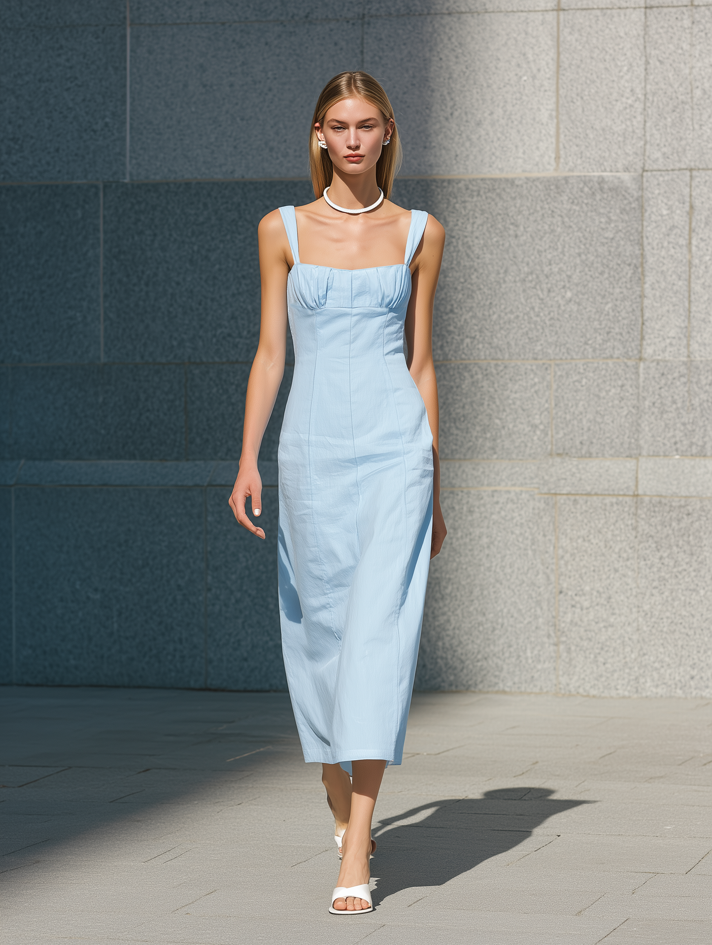 Women's Casual Light Blue Woven Sleeveless Maxi Dress With Spaghetti Straps