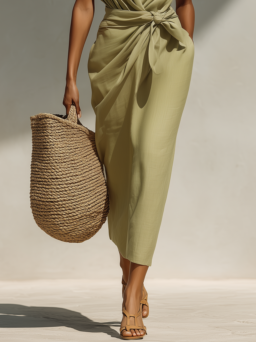 Women’s Sage Green Linen-Blend Sleeveless Wrap-Front Tie Waist Midi Dress With Pockets