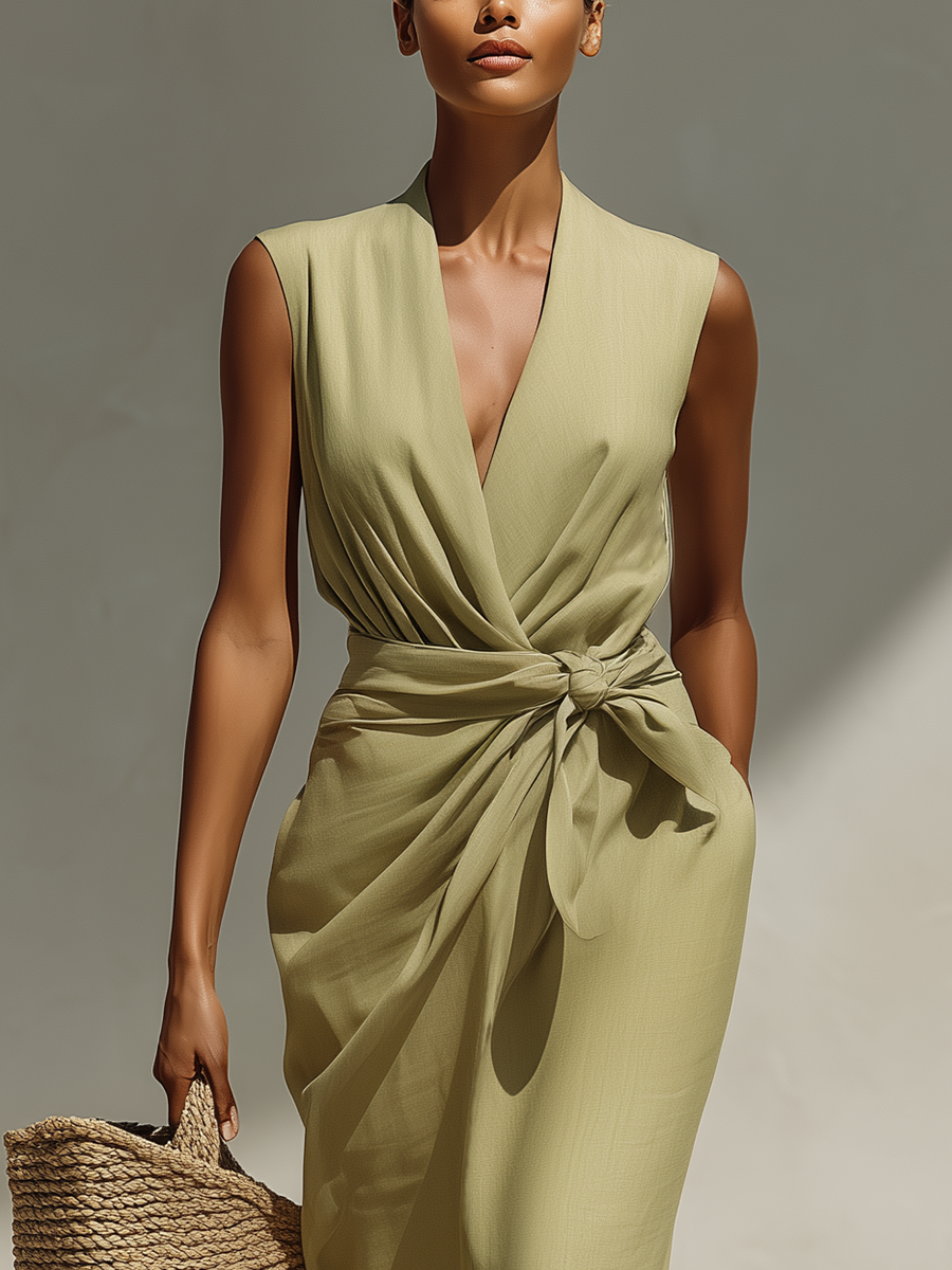 Women’s Sage Green Linen-Blend Sleeveless Wrap-Front Tie Waist Midi Dress With Pockets