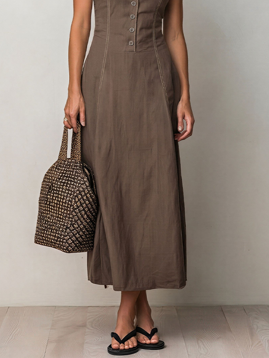 Women's Brown Linen-Blend Midi Dress With Contrast Stitch & Button Front, Timeless Casual Everyday Dress