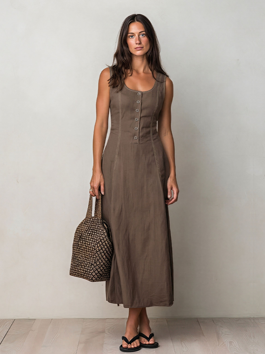 Women's Brown Linen-Blend Midi Dress With Contrast Stitch & Button Front, Timeless Casual Everyday Dress