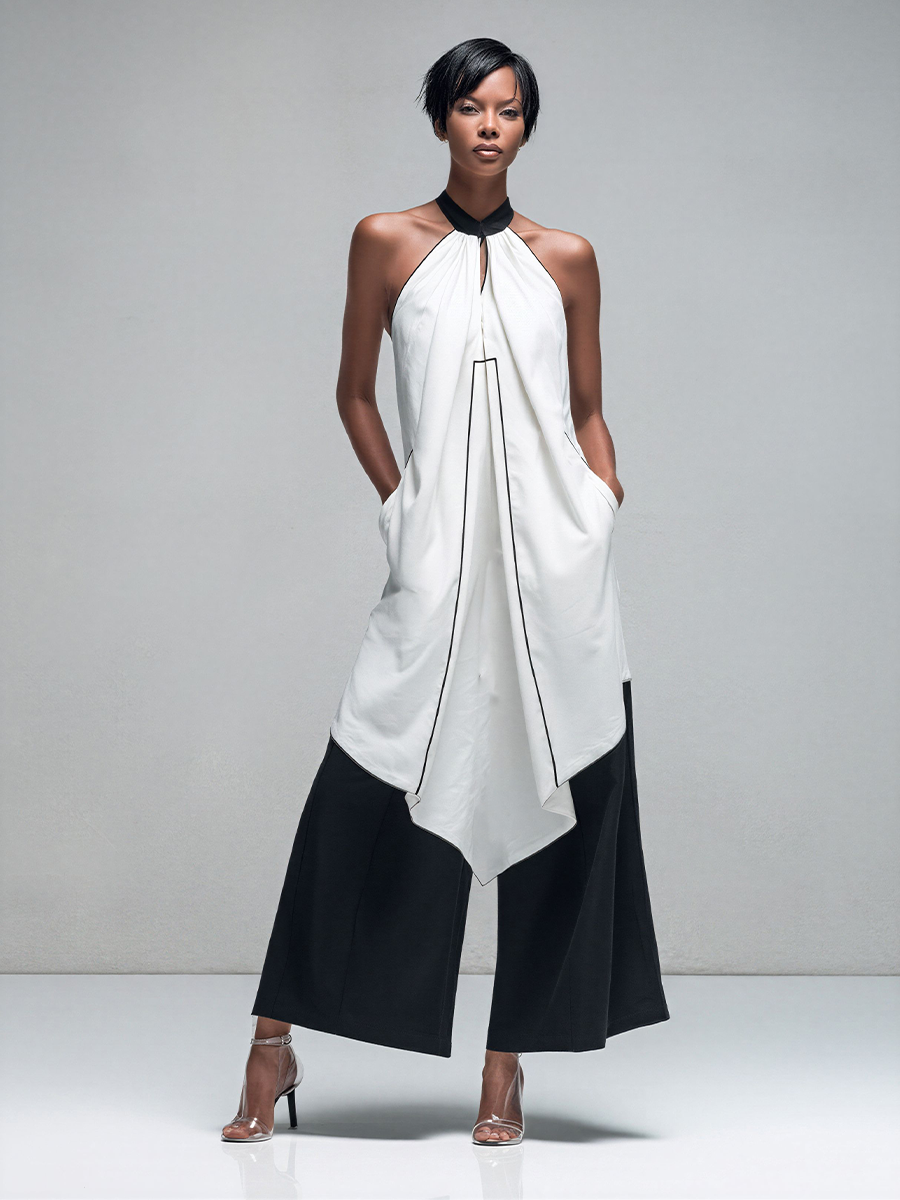 Women’s White Halter Neck Asymmetrical Tunic Top & Black Wide-Leg Pants Two-Piece Set