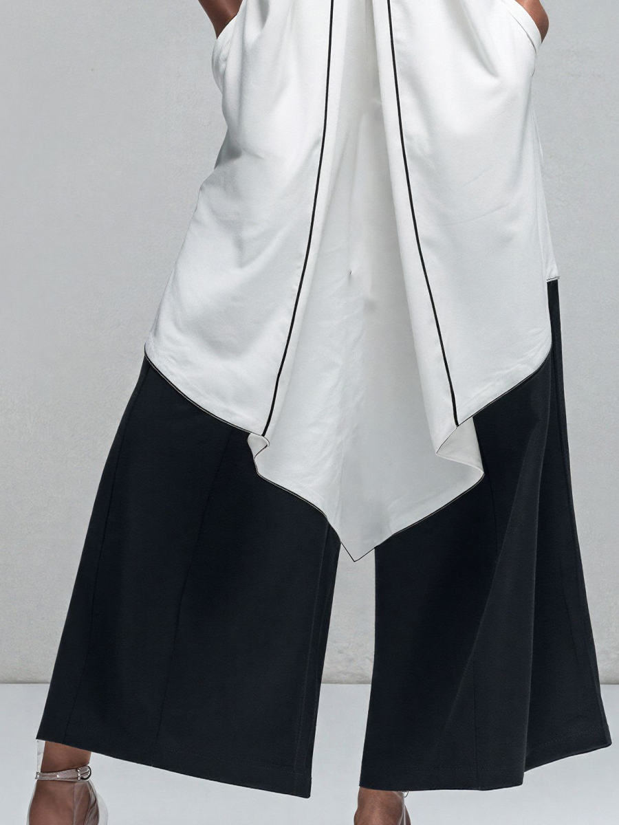 Women’s White Halter Neck Asymmetrical Tunic Top & Black Wide-Leg Pants Two-Piece Set