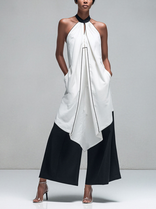 Women’s White Halter Neck Asymmetrical Tunic Top & Black Wide-Leg Pants Two-Piece Set