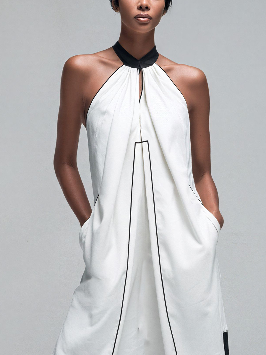 Women’s White Halter Neck Asymmetrical Tunic Top & Black Wide-Leg Pants Two-Piece Set