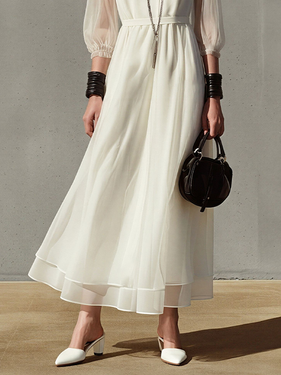 Women's Off-White Chiffon Maxi Dress With Sheer Balloon Sleeves & Waist Tie, Timeless Elegant Formal Dress