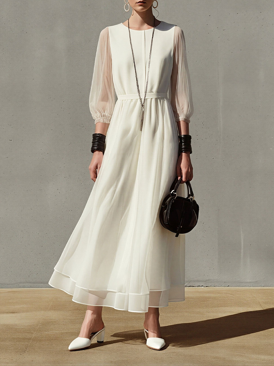 Women's Off-White Chiffon Maxi Dress With Sheer Balloon Sleeves & Waist Tie, Timeless Elegant Formal Dress