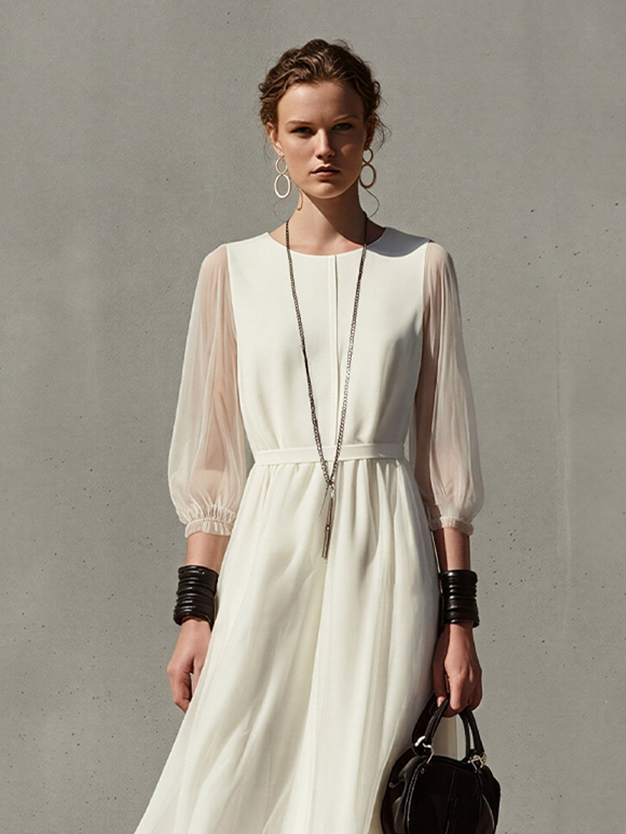 Women's Off-White Chiffon Maxi Dress With Sheer Balloon Sleeves & Waist Tie, Timeless Elegant Formal Dress