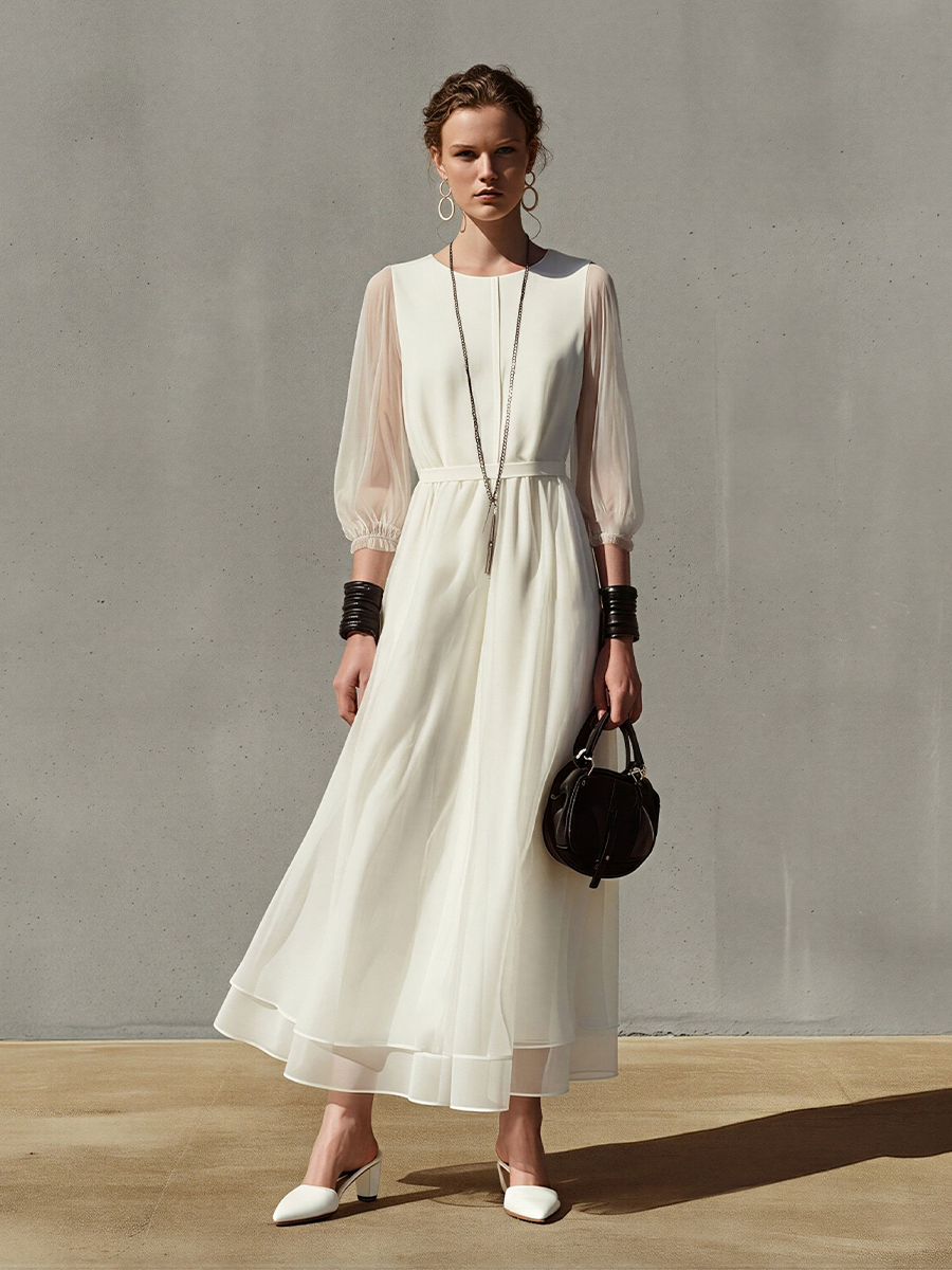 Women's Off-White Chiffon Maxi Dress With Sheer Balloon Sleeves & Waist Tie, Timeless Elegant Formal Dress
