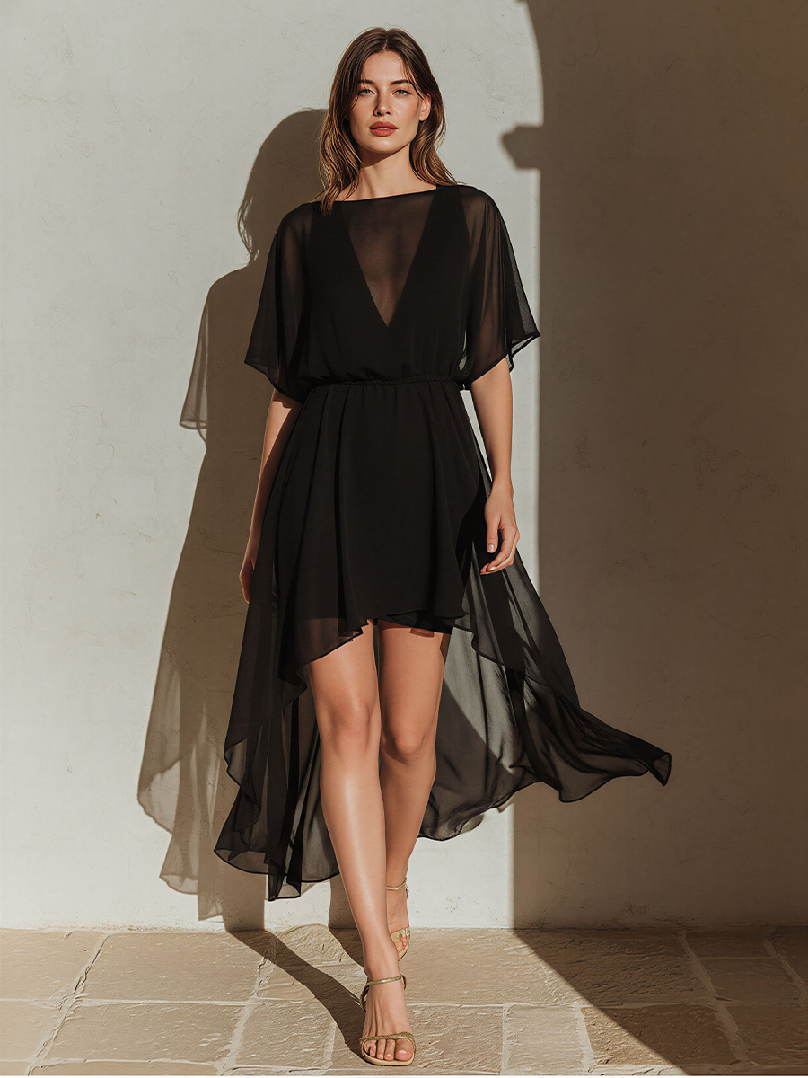 Women’s Black Sheer Chiffon High-Low Dress With Dolman Sleeves & Lining